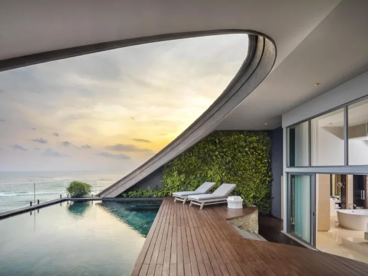 Beachfront resort pool deck facing the ocean at Canggu–Berawa, South Bali