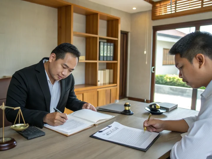 A notary writing up a deed while the buyer signs across the desk