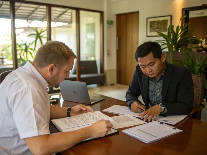 A foreign buyer and an adviser reading a PT PMA ownership file at a Bali office table