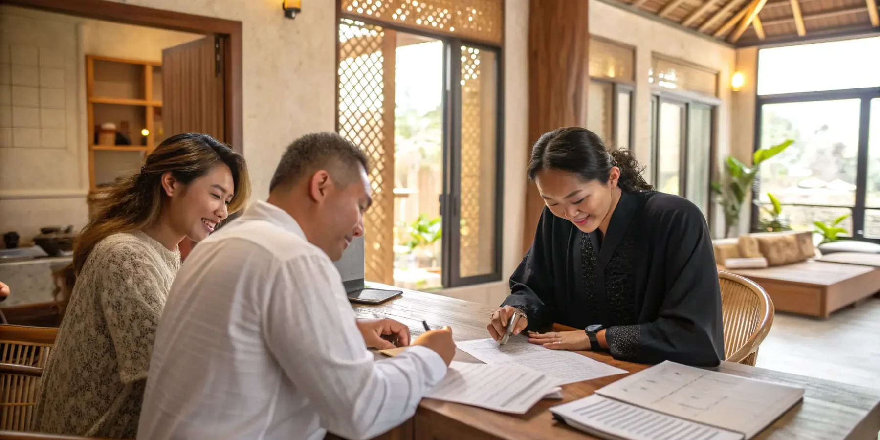 A couple signing registration papers with an official in a Balinese pavilion