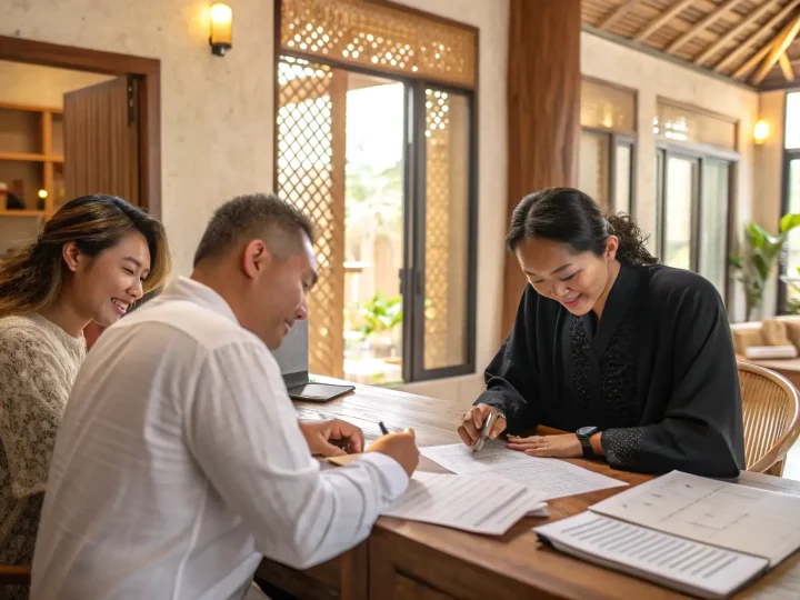 A couple signing registration papers with an official in a Balinese pavilion