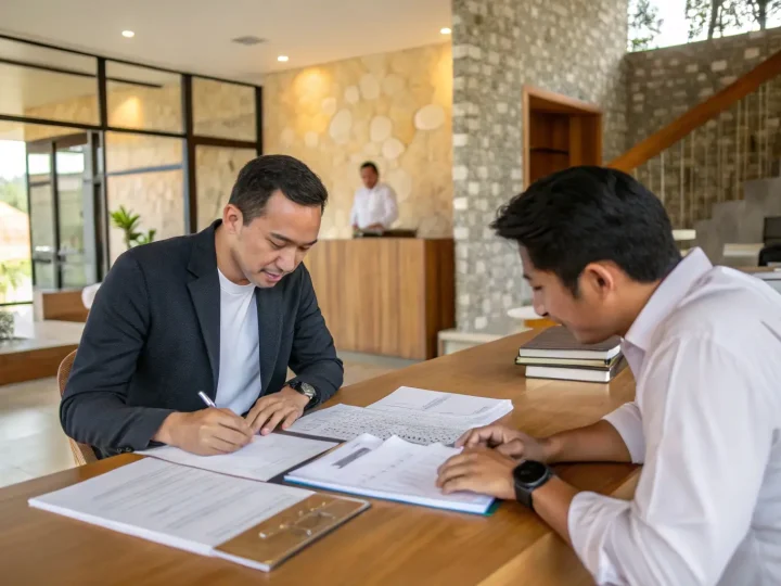 The sale and purchase deed being signed at a desk in a Bali office