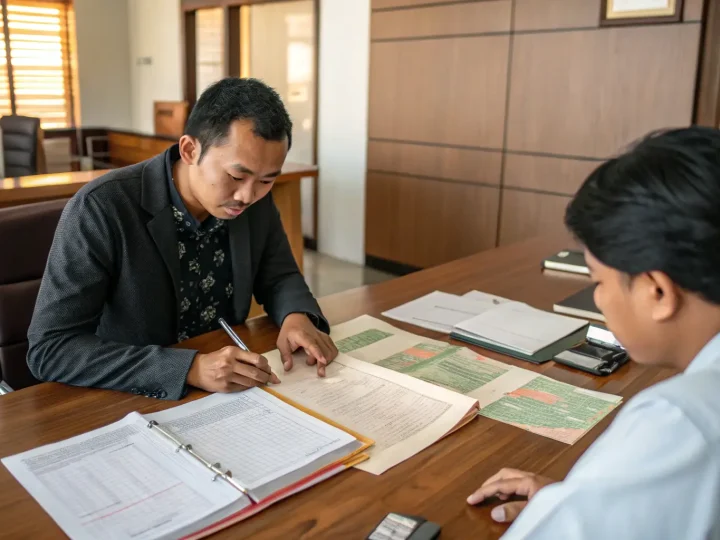 Land certificates spread across a desk as an adviser checks them with a client