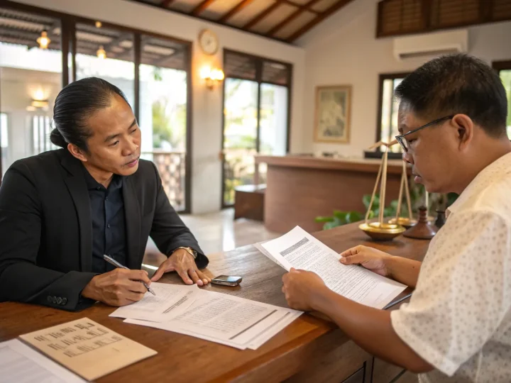 Two advisers reading zoning papers at a desk beside a set of brass scales