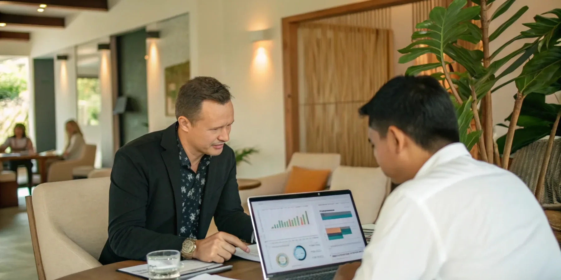 An adviser showing performance charts on a laptop to a client