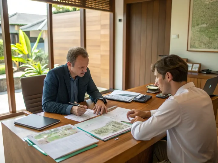 Two advisers reading a lease agreement and site plans across an office table