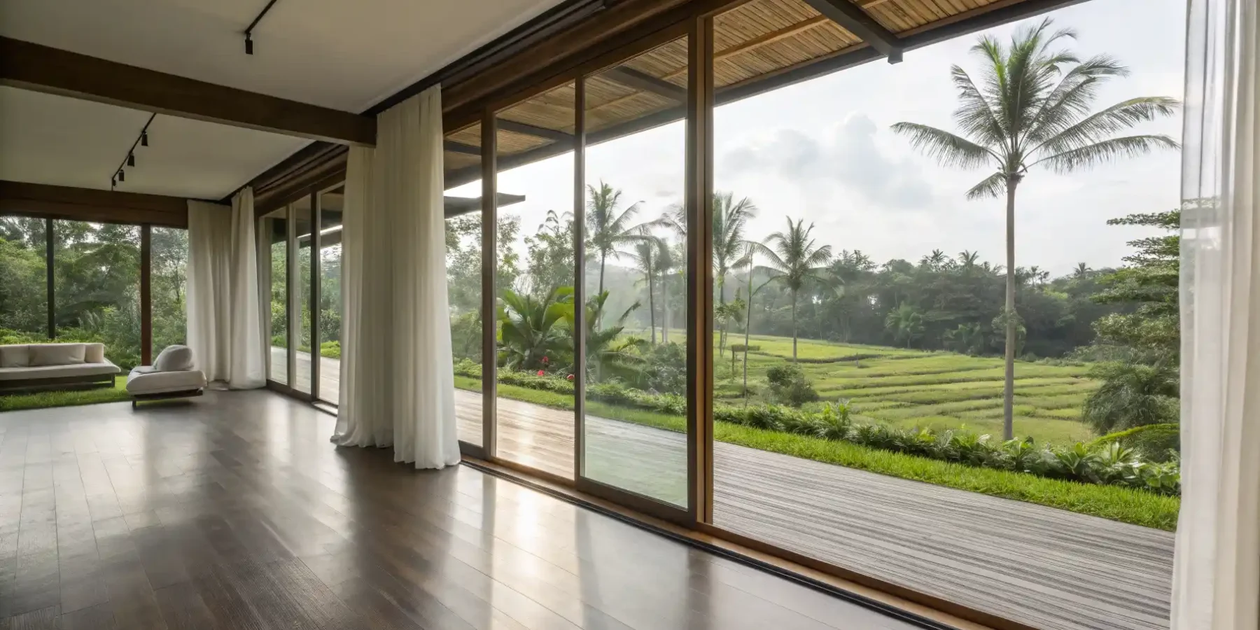 An empty villa pavilion opening onto terraced rice fields and palms in Bali