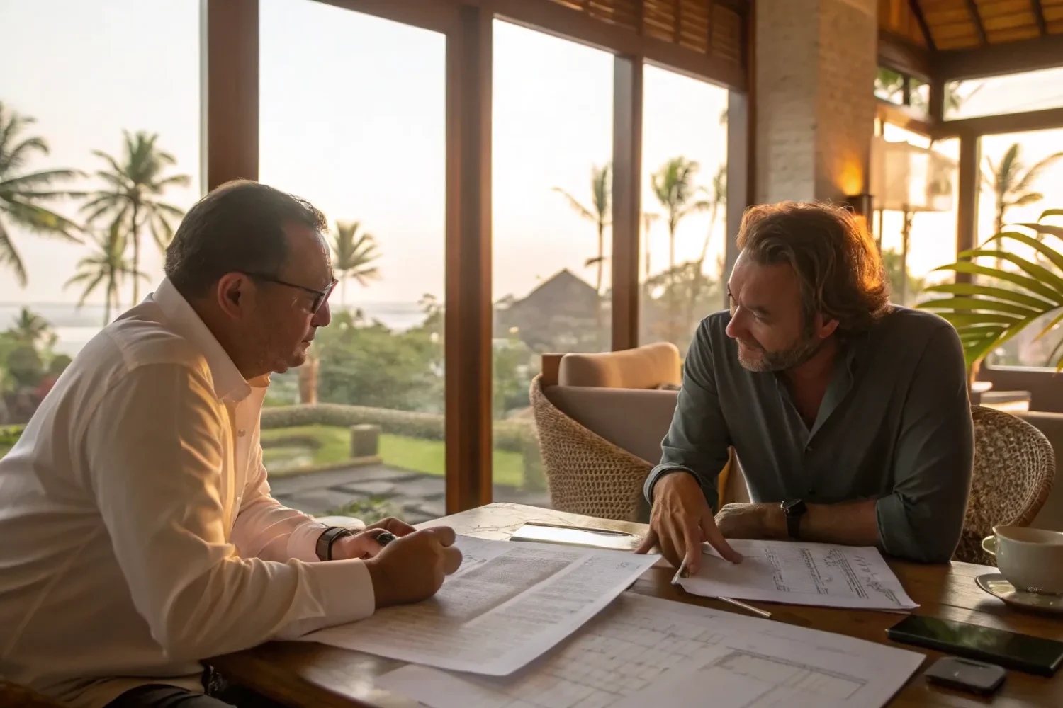 Two men reviewing papers at a terrace table with palms at sunset