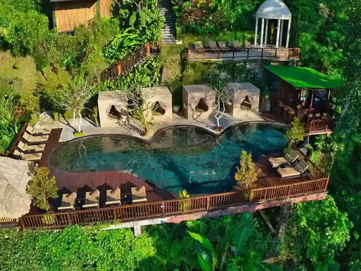 Terraced jungle resort set into a river valley near Ubud, Gianyar