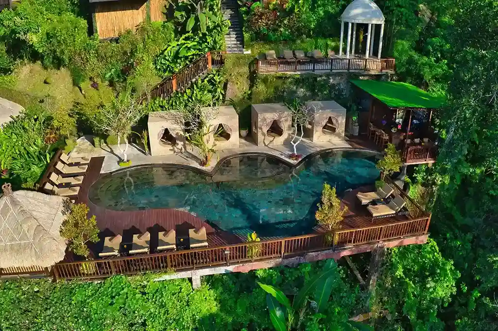 Terraced jungle resort set into a river valley near Ubud, Gianyar