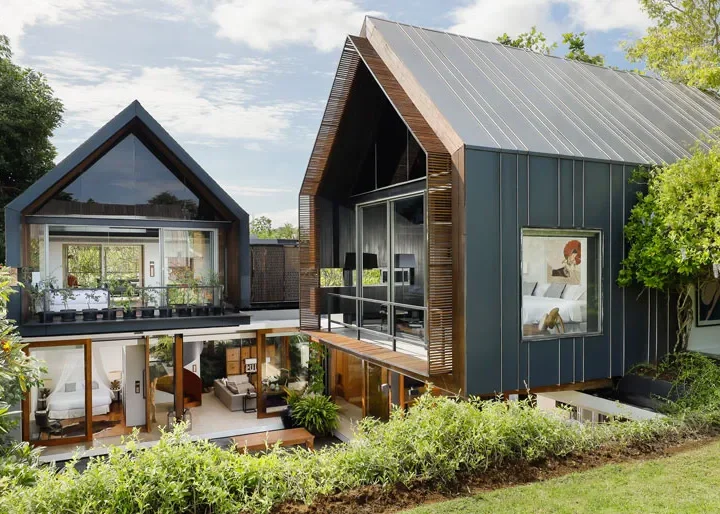 Contemporary Balinese villa with a pitched roof and garden frontage