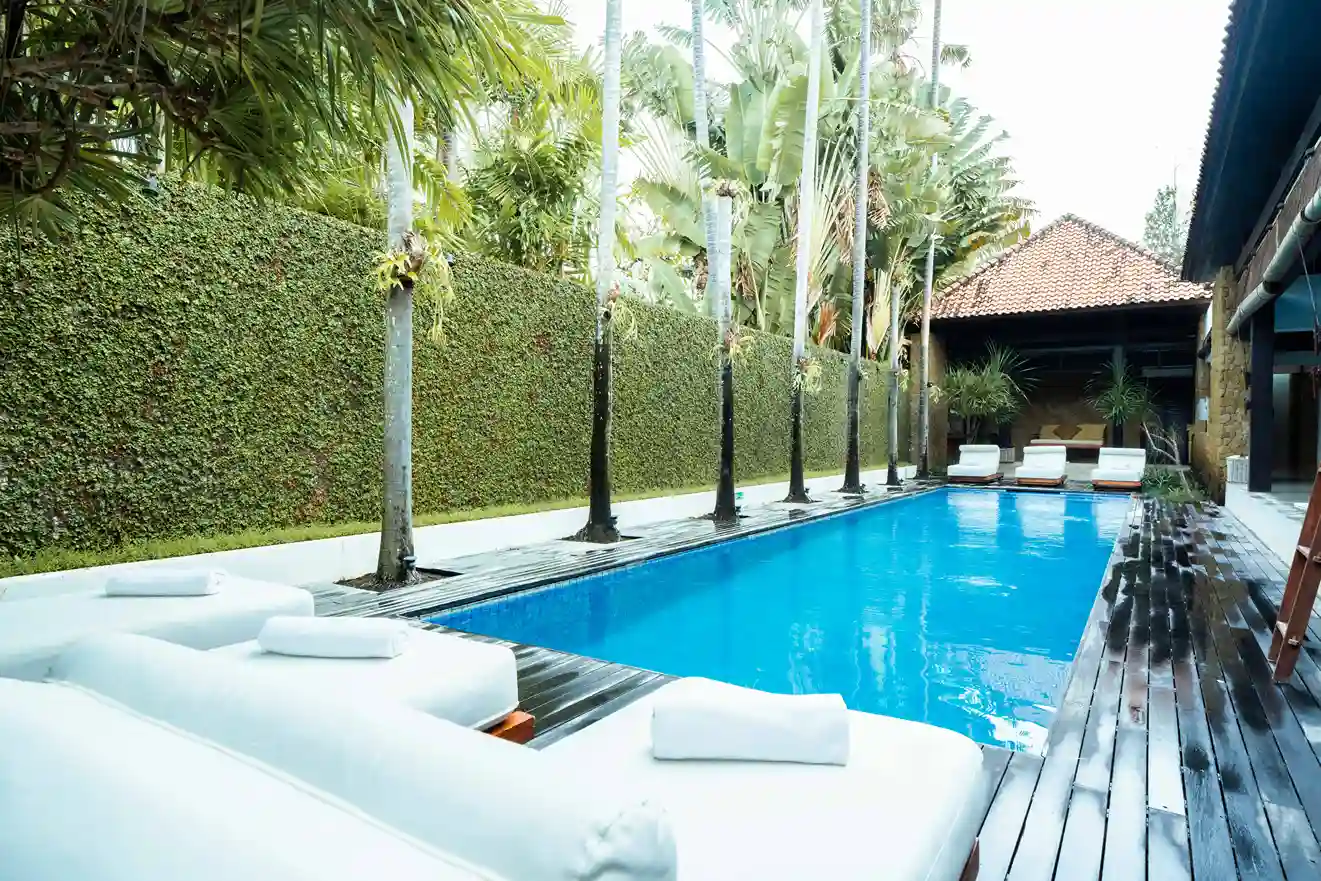Villa lap pool framed by palms and a timber deck in Canggu