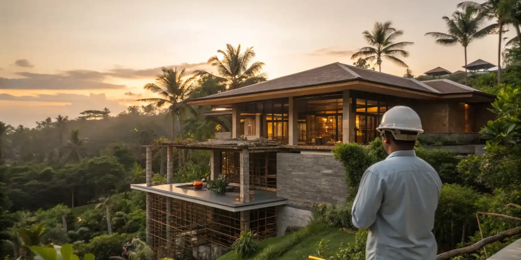A site supervisor in a hard hat on the deck of a villa under construction above a valley